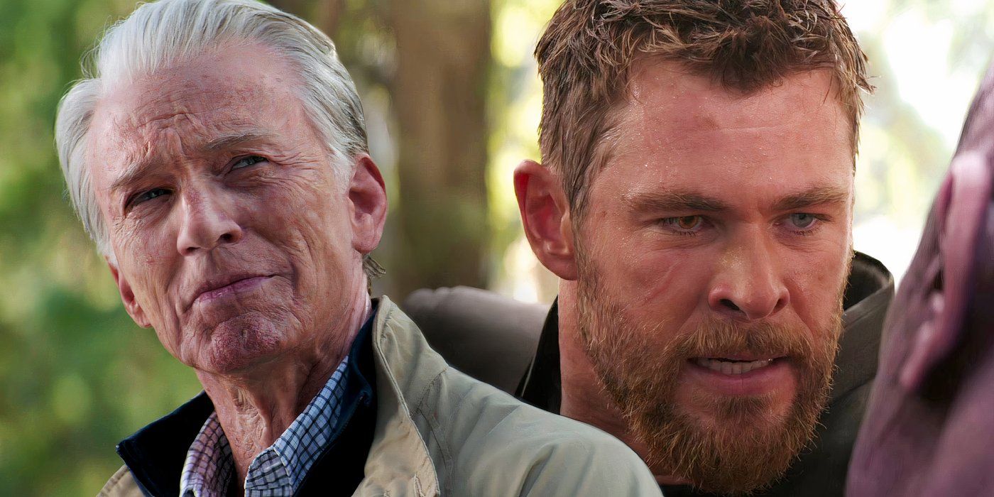 Split image of an elderly Steve Rogers looking pensive at the end of Avengers Endgame (2019) on the left, Thor looking at Thanos in disgust at the end of Avengers Infinity War (2018) on the right