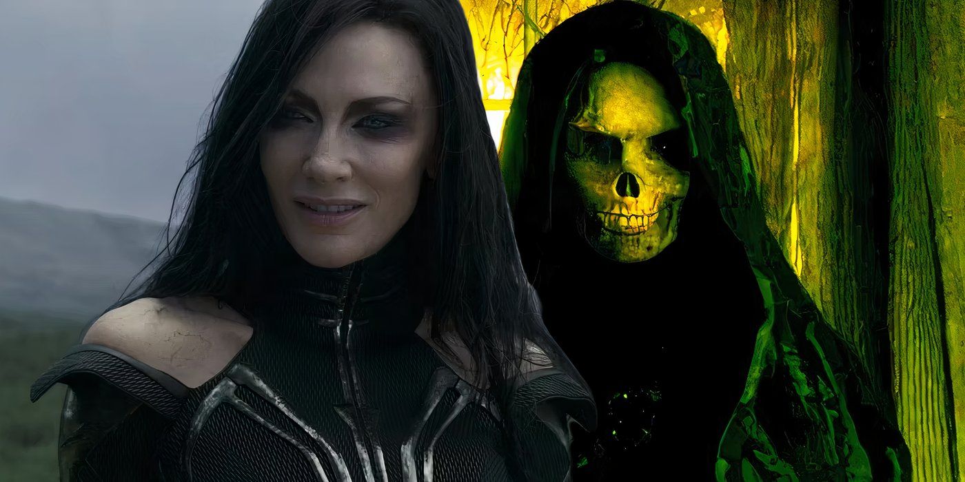 Split image of Hela smirking in Thor Ragnarok and Death in agatha all along