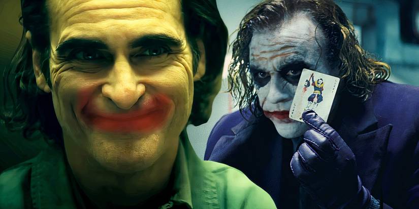 Split image of Joaquin Phoenix's Joker and Heath Ledger's Joker