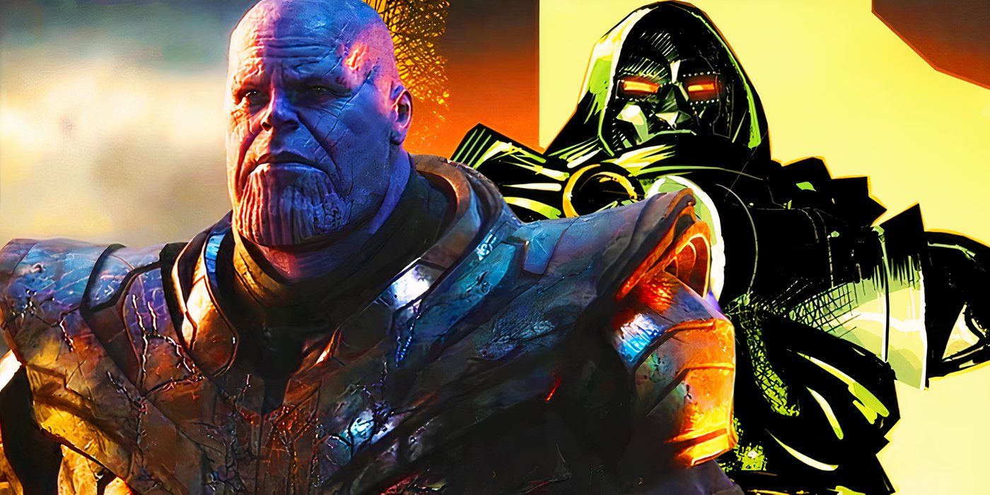 Split image of Thanos in his armor in avengers endgame and doctor doom with his arms folded in Marvel comics