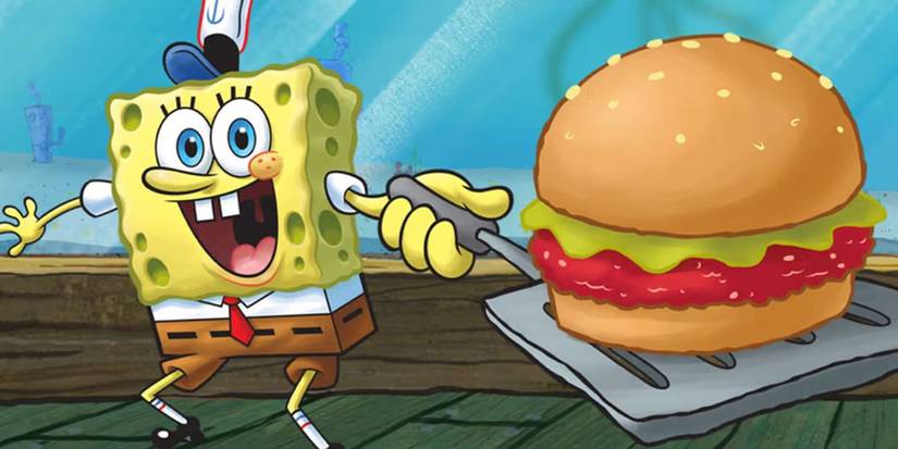 SpongeBob smiling while holding out a Krabby Patty in SpongeBob SquarePants