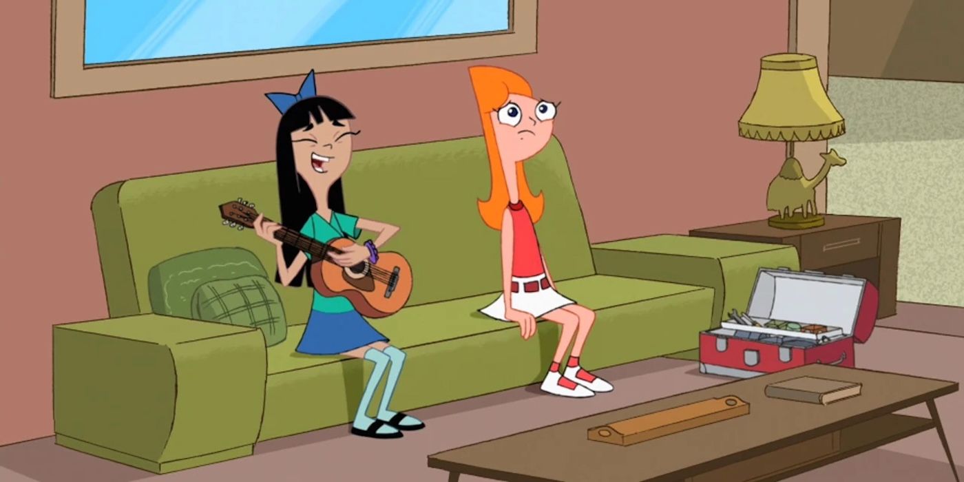 Stacy and Candace sitting on a couch in Phineas and Ferb