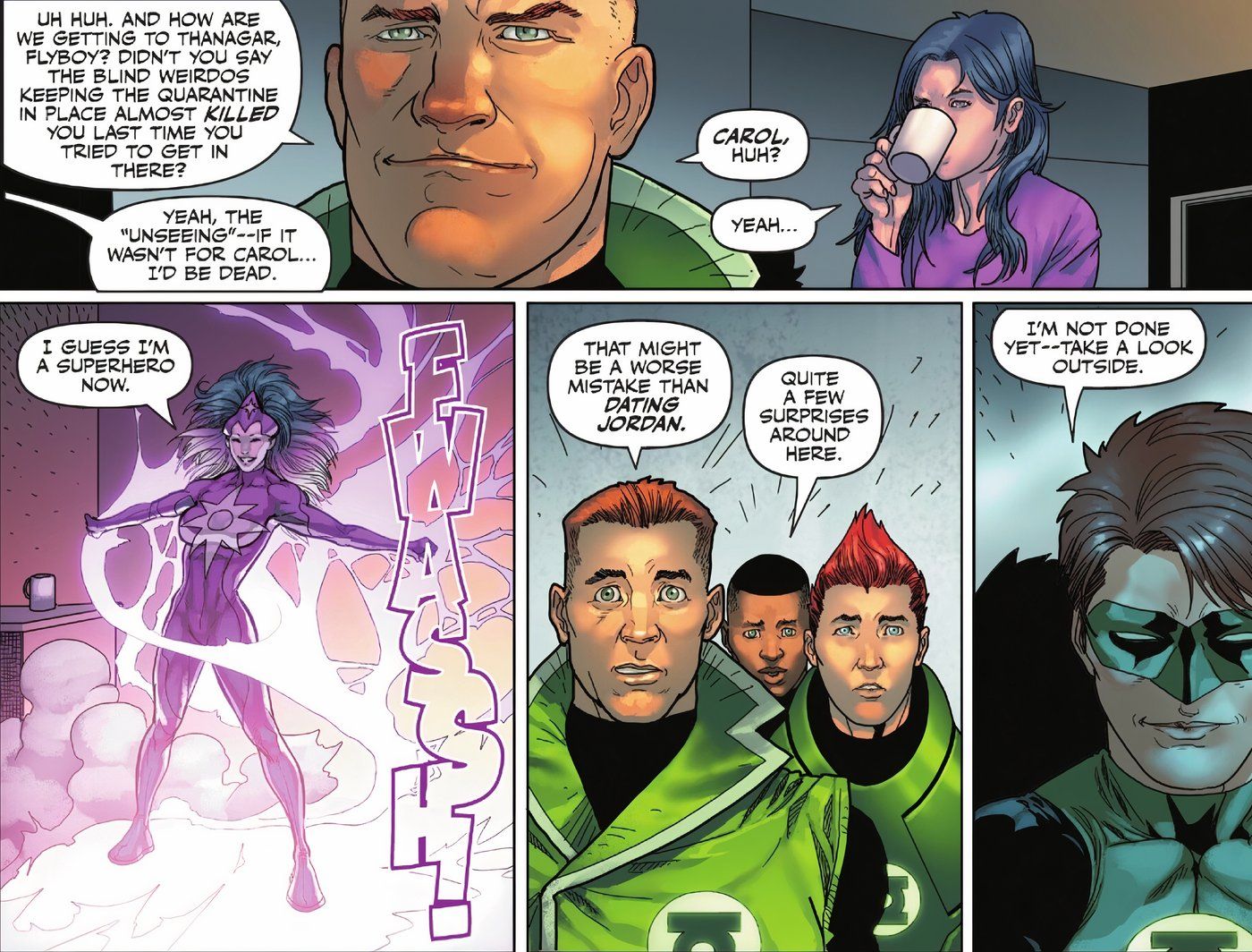 Painéis de quadrinhos: Hal revela que estaria morto se não fosse por Carol, e Carol se transforma em Star Sapphire e diz aos outros Lanternas Verdes: "Acho que sou um super-herói agora."