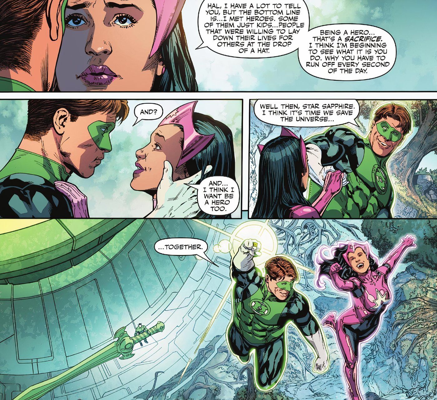 Paneles de cómics: Star Sapphire le dice a Green Lantern que quiere ser una heroína y vuelan juntas para salvar el universo.