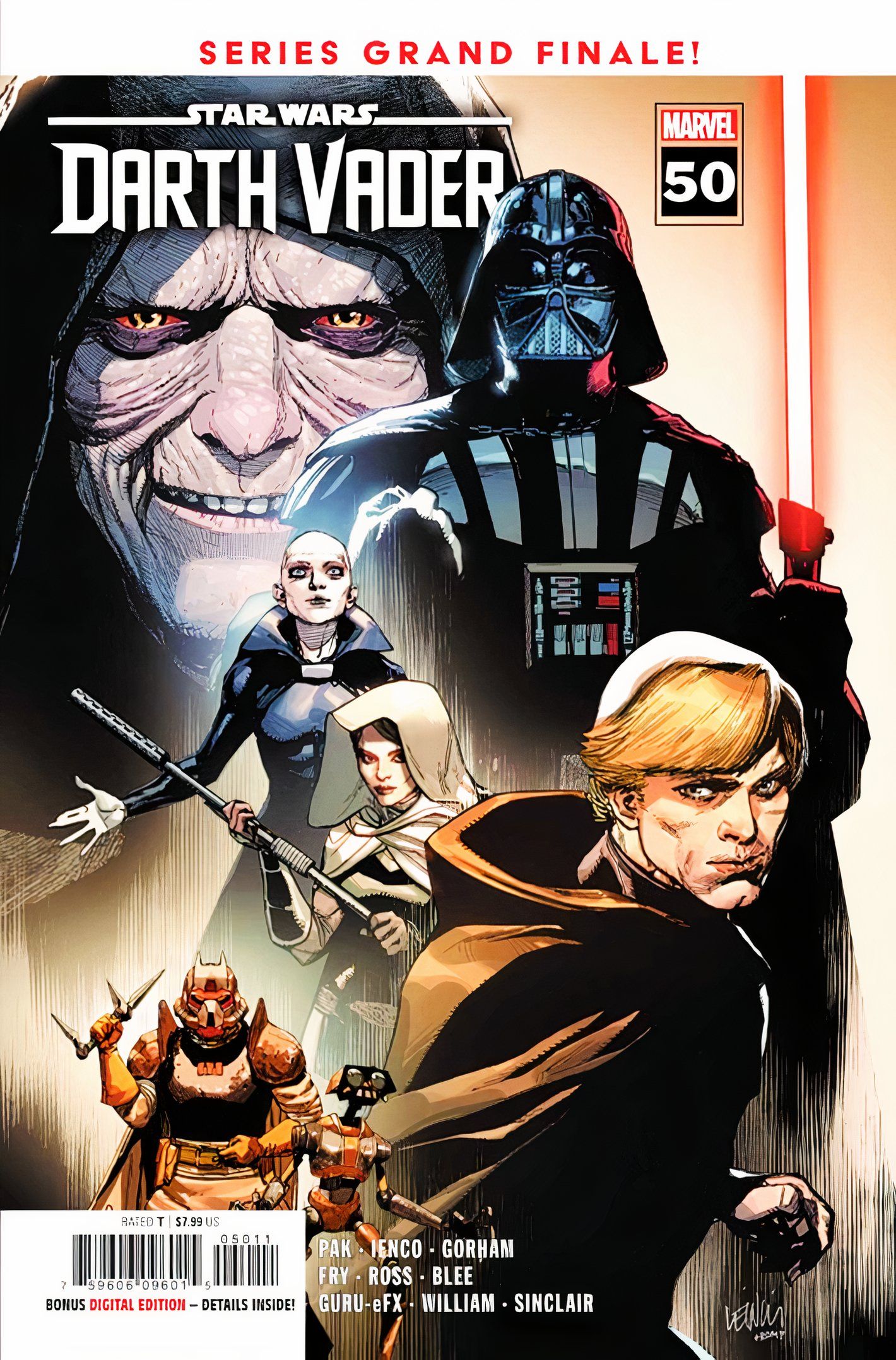 Capa de Star Wars Darth Vader #50, apresentando Luke Skywalker (primeiro plano) com Vader e outros personagens atrás dele.