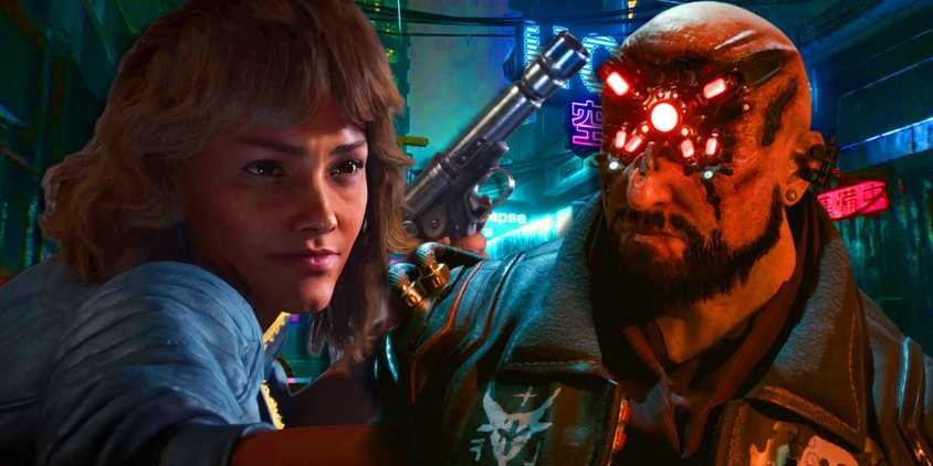 Kay Vess from Star Wars Outlaws holding a blaster next to Royce's head from Cyberpunk 2077.