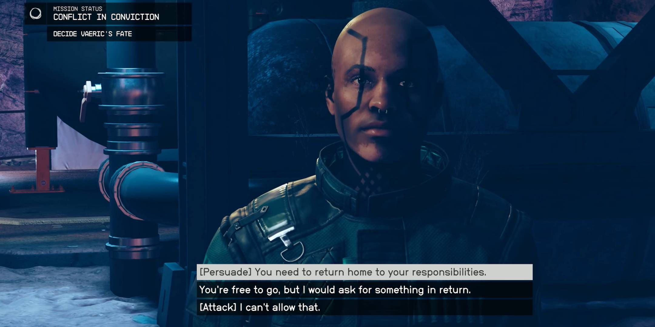 O jogador conversando com Vaeric sobre as opções de poupá-lo em Starfield Shattered Space.