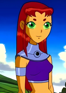 Starfire in Teen Titans (2003) standing in front of green pastures, smiling