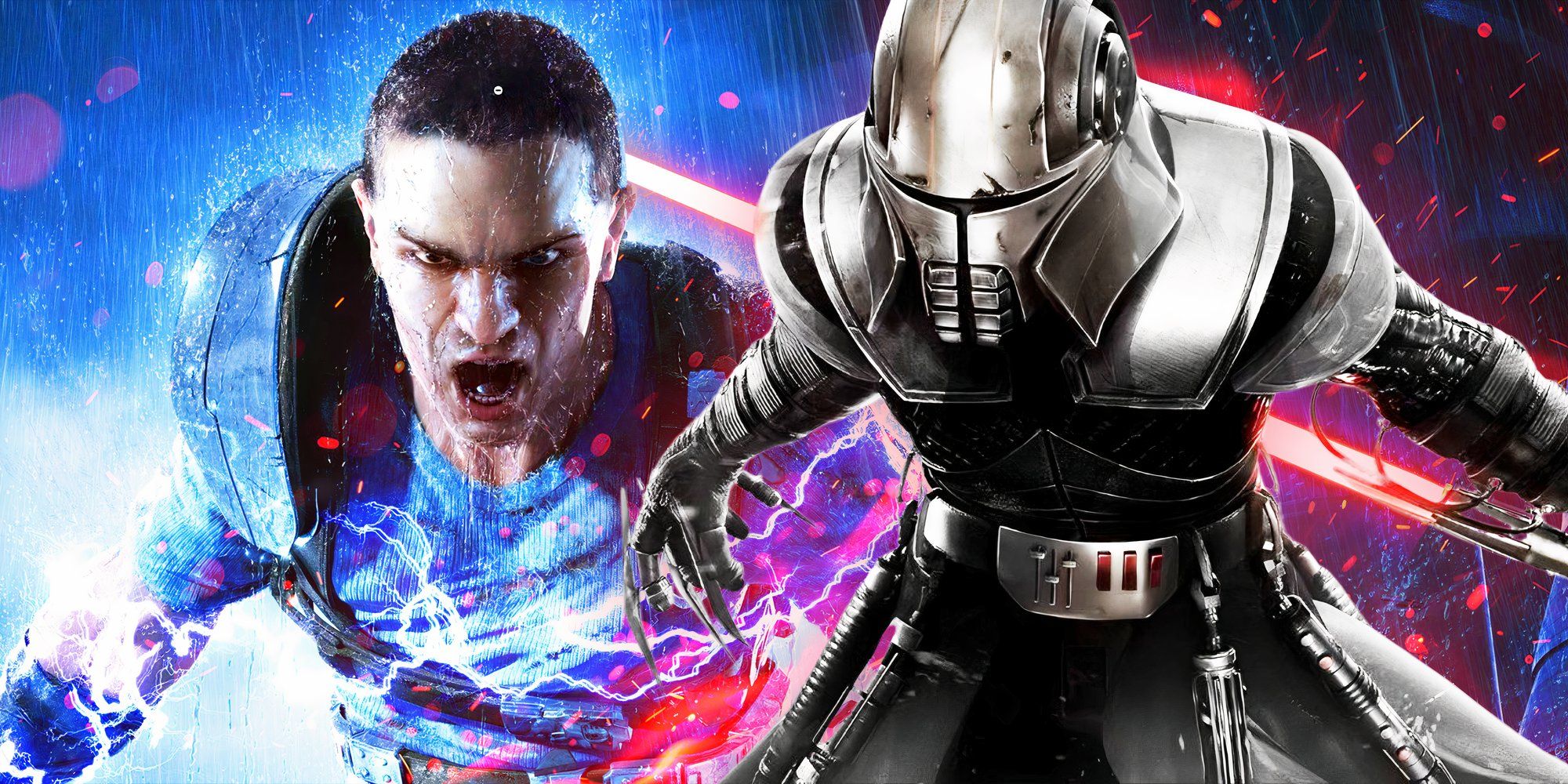 Galen Marek/Starkiller (Sam Witwer) in his full helmeted outfit, edited over him cast in lightning and letting out a battle cry.