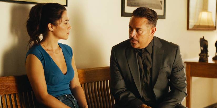 Stephanie Arcila as Gabriela Perez and Kevin Alejandro as Manny Perez talking to one another in Fire Country season 3, episode 2