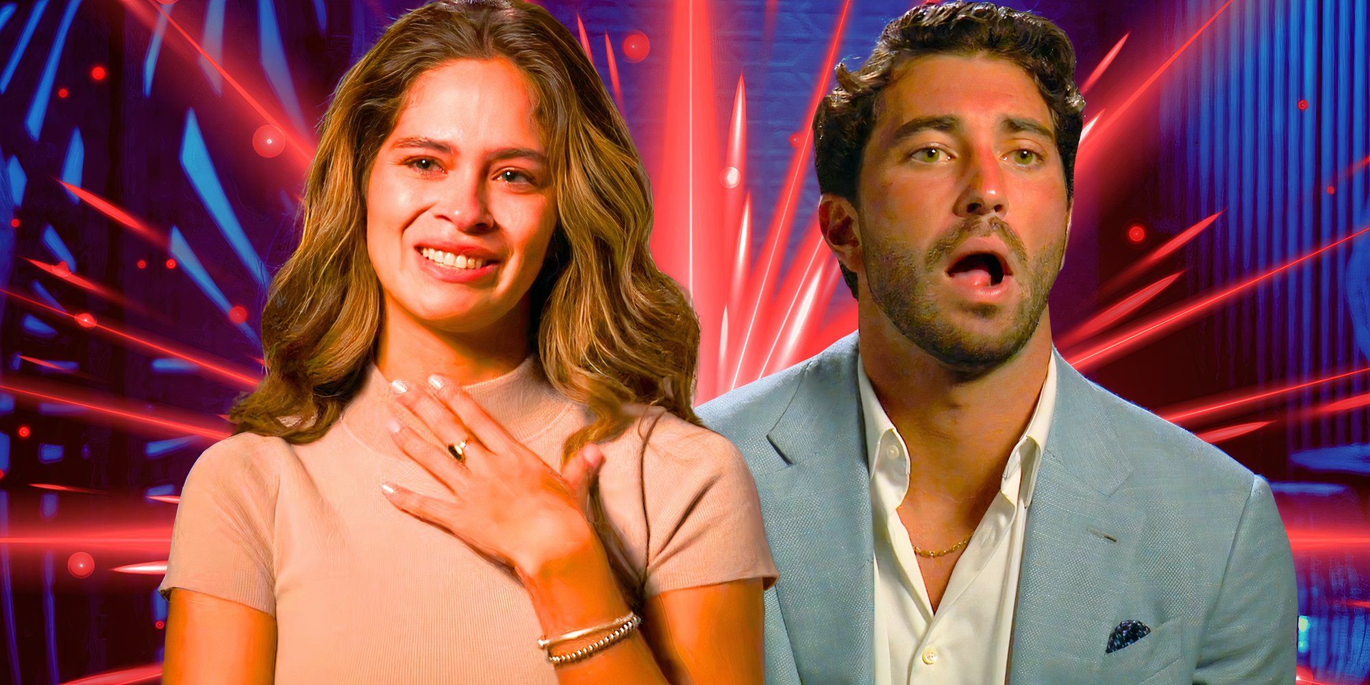 Kelsey Anderson do The Bachelor com a mão no peito chorando com Joey Graziadei de boca aberta atrás dela