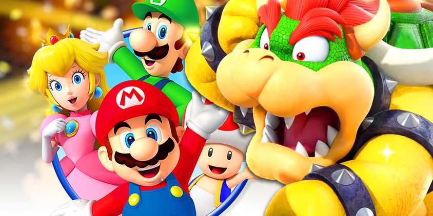 Bowser looking shocked next to Peach, Mario, Luigi, and Toad.