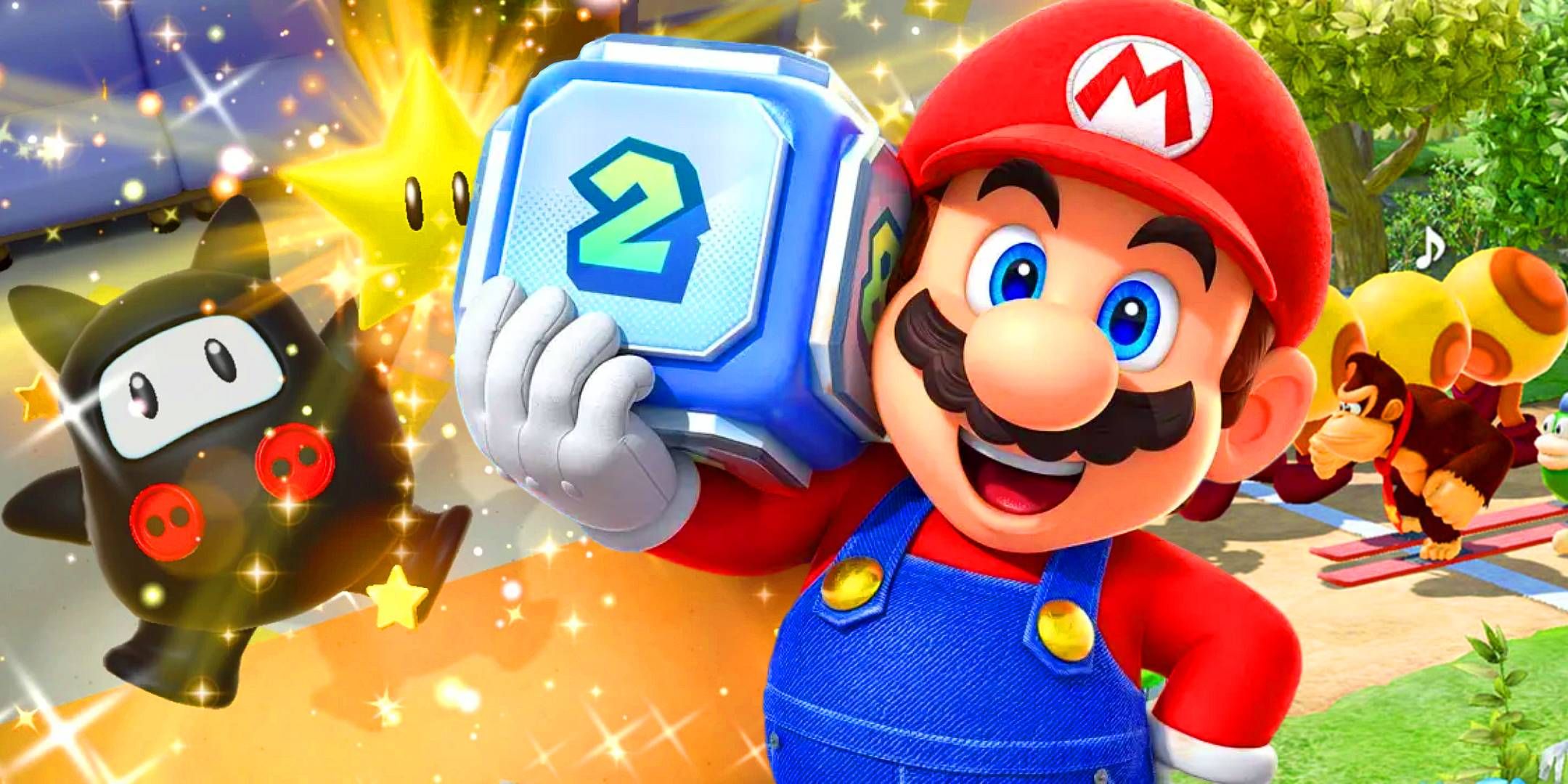 Mario holding a dice block in Super Mario Party Jamboree.