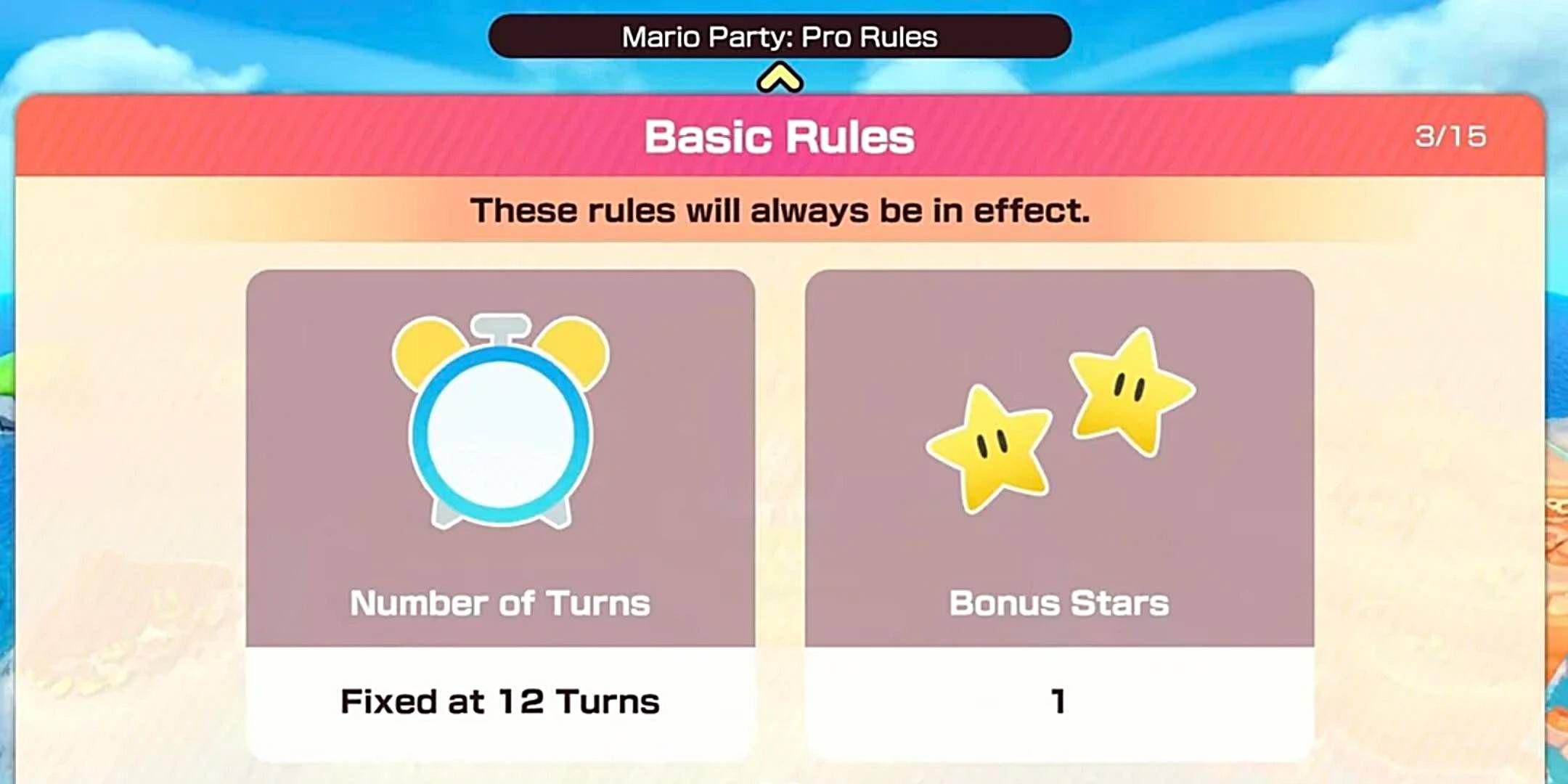 O menu de regras profissionais do Super Mario Party Jamboree mostrando as mudanças.