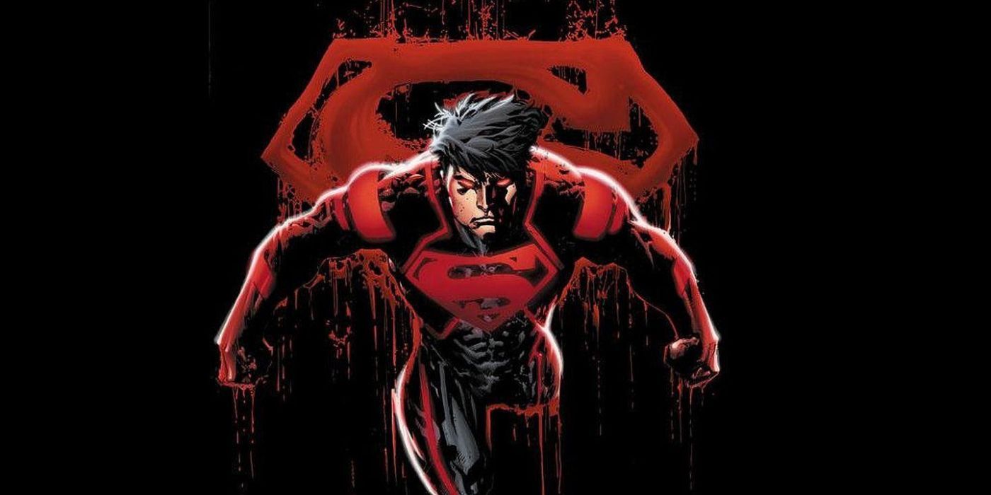Comic book art: the New 52 Superboy in front of a red S shield.