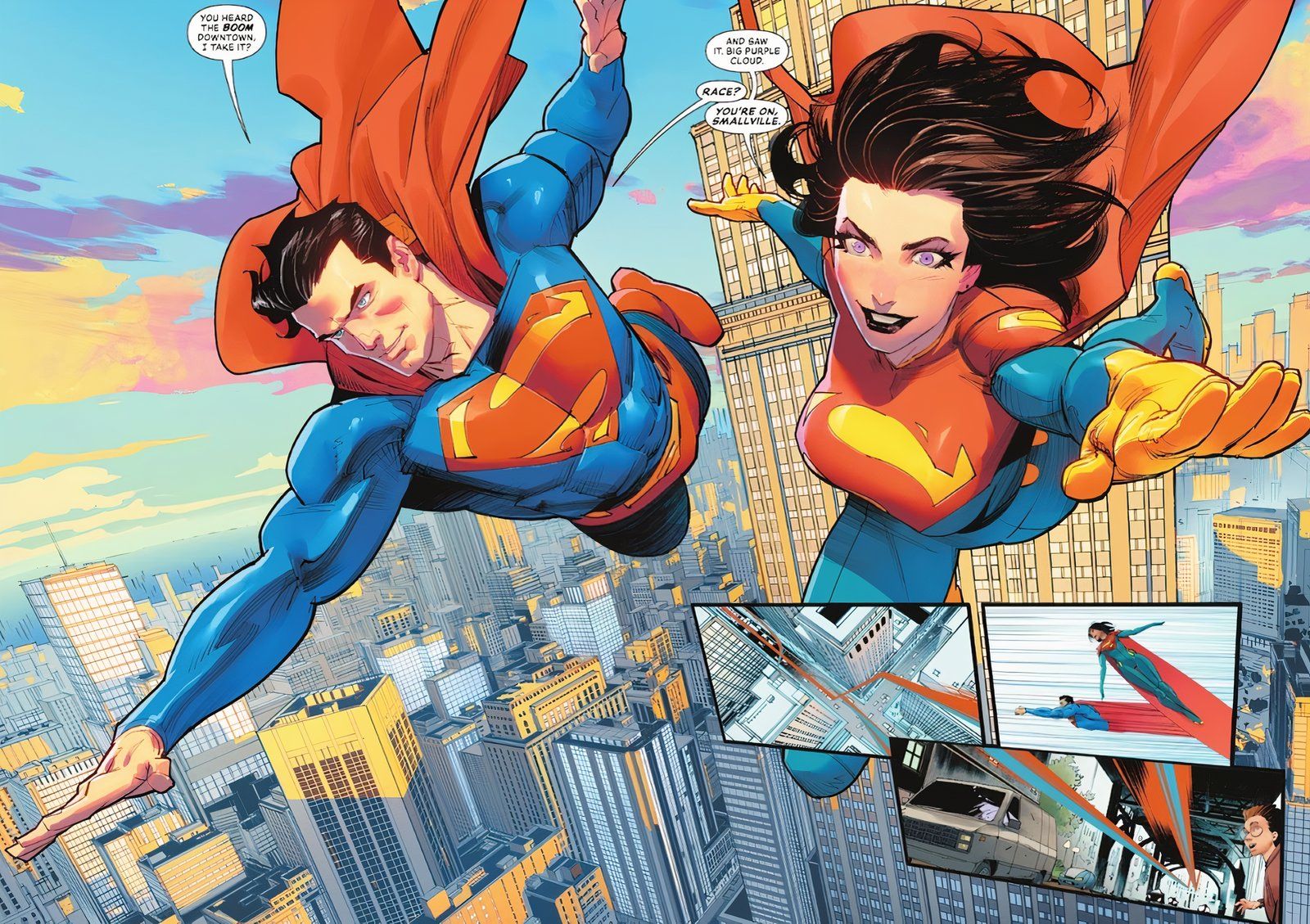 Página de cómic: Superman y Superwoman vuelan juntos en Metrópolis.