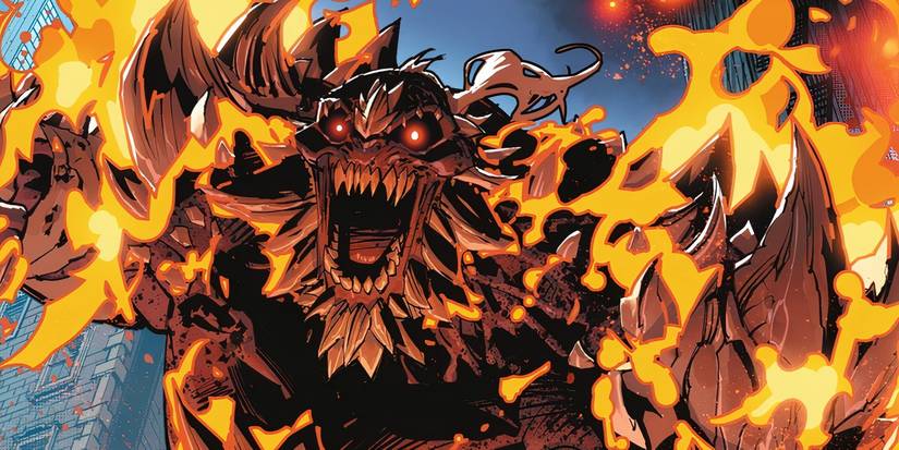 Comic book art: Doomsday grins while in flames.