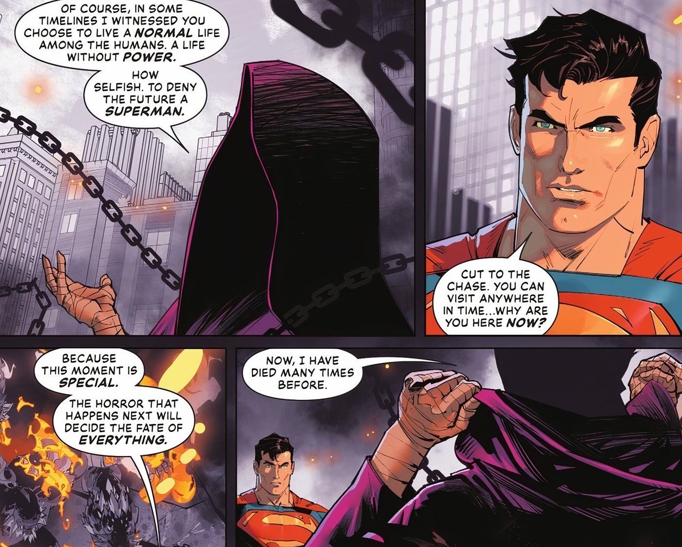 Comic book panels: Time Trapper Explains his plans to Superman.