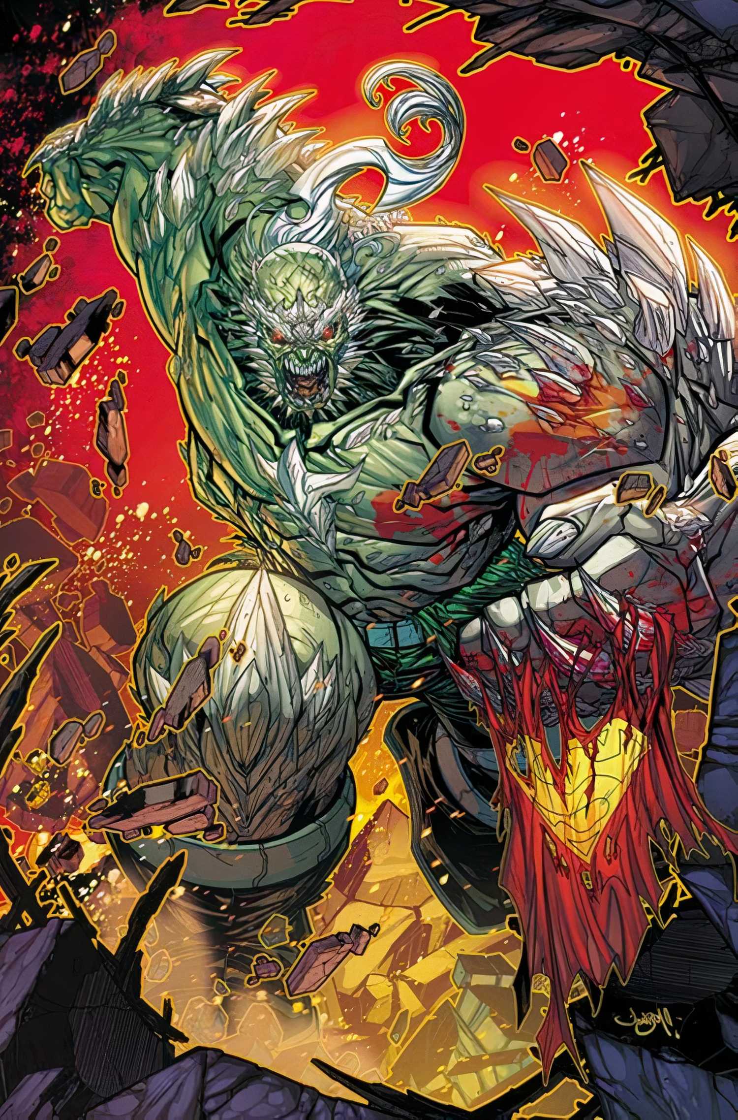 Comic book cover: Doomsday smashes through rock holding Superman's cape.