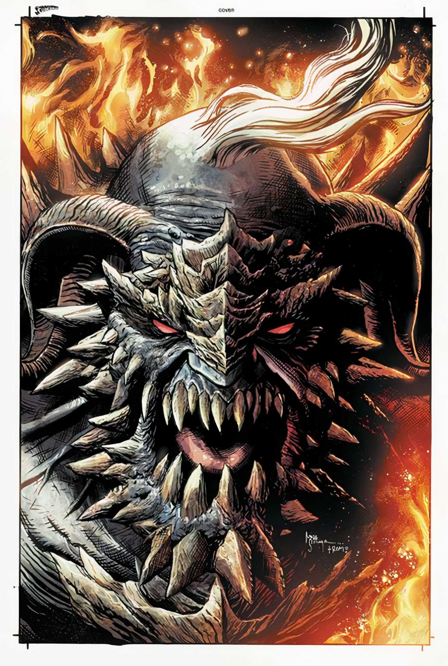 Comic book cover: a close up of Doomsday's face in fire.
