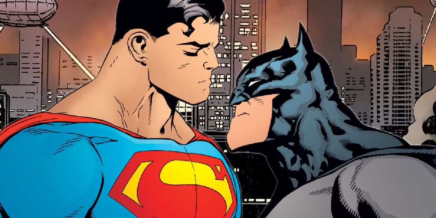 Comic book art: Superman and Batman glare at each other.