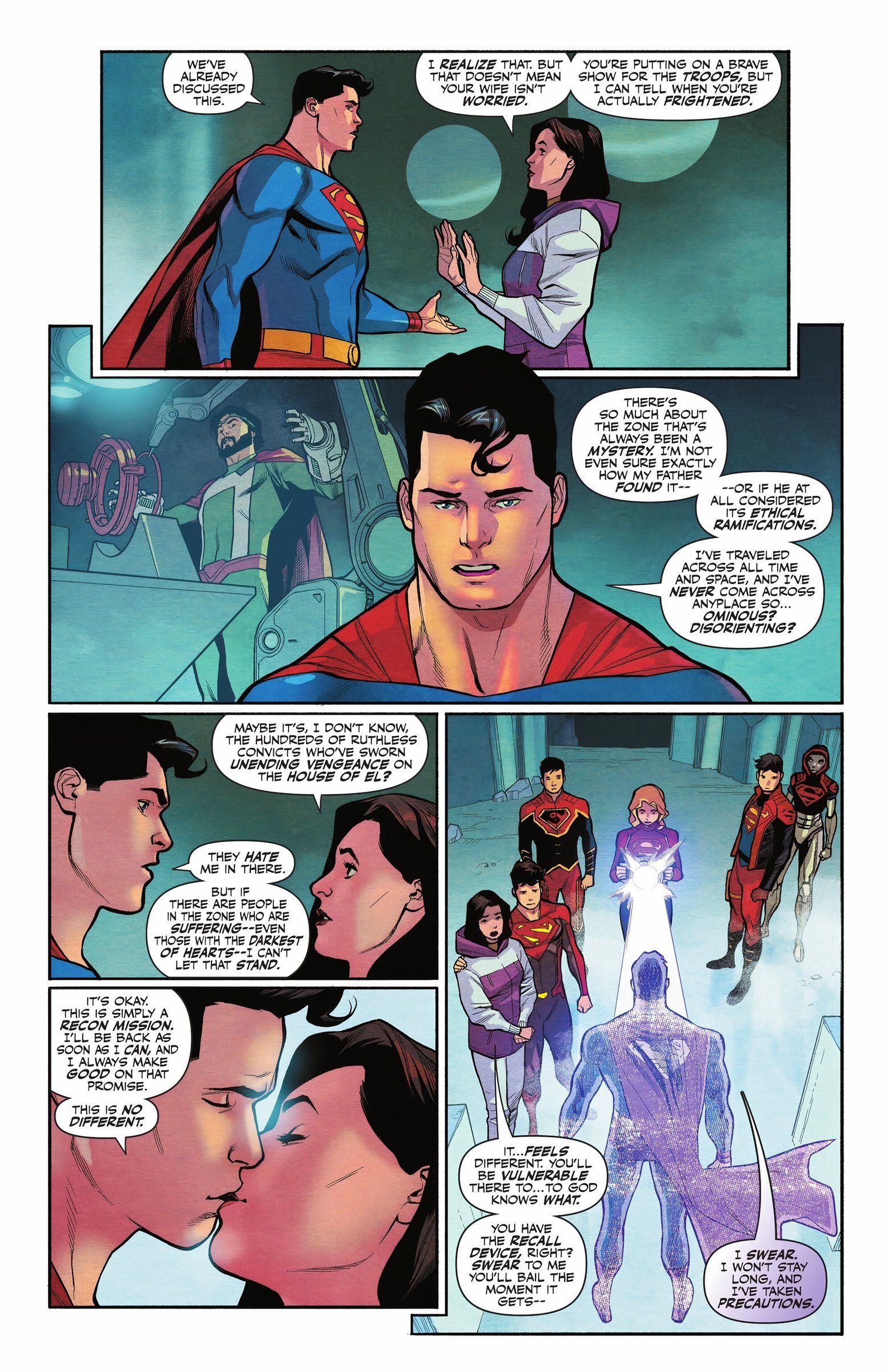 Comic book page: Superman and Lois Lane discuss the Phantom Zone in the Fortress of Solitude.