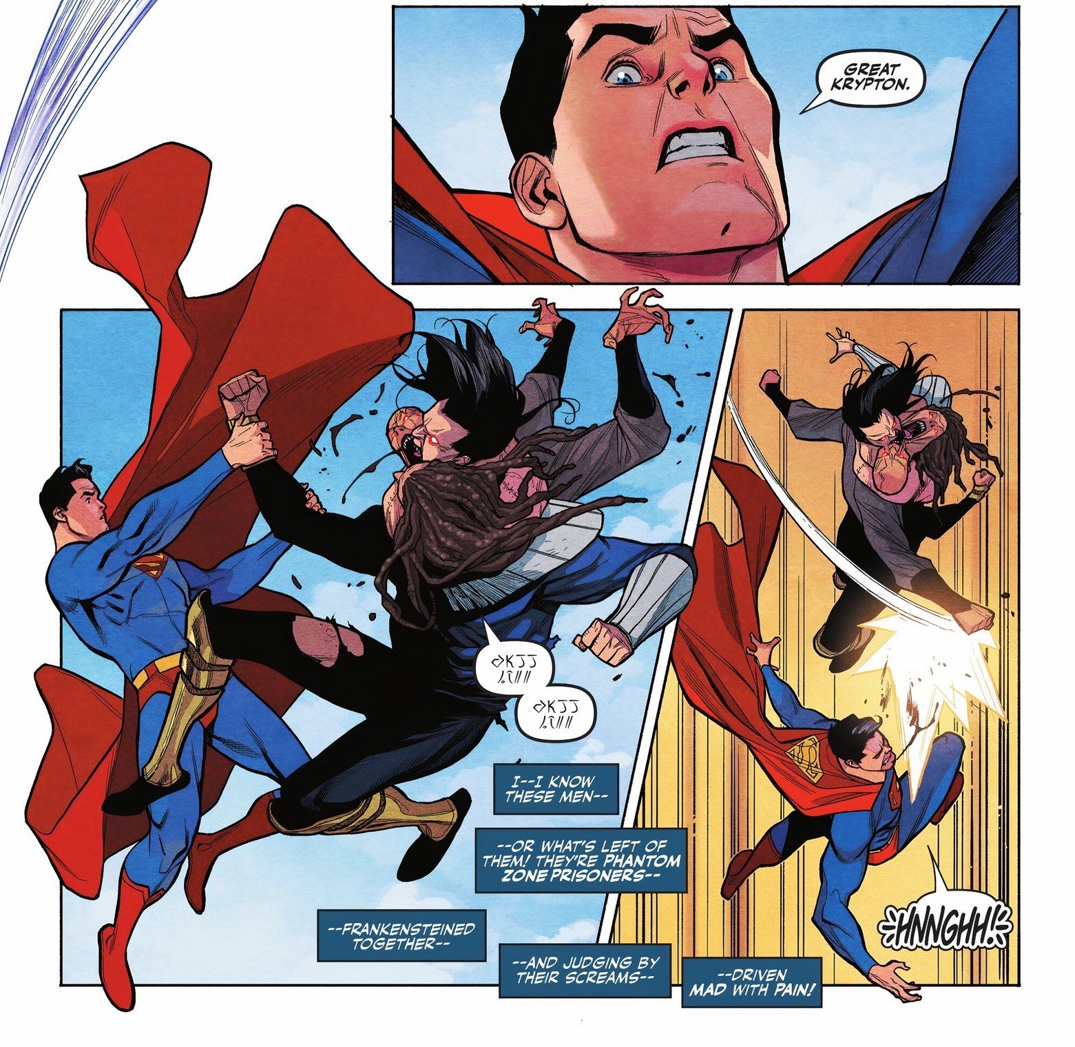 Comic book panels: Superman battles a fusion of three prisoners from the Phantom Zone.