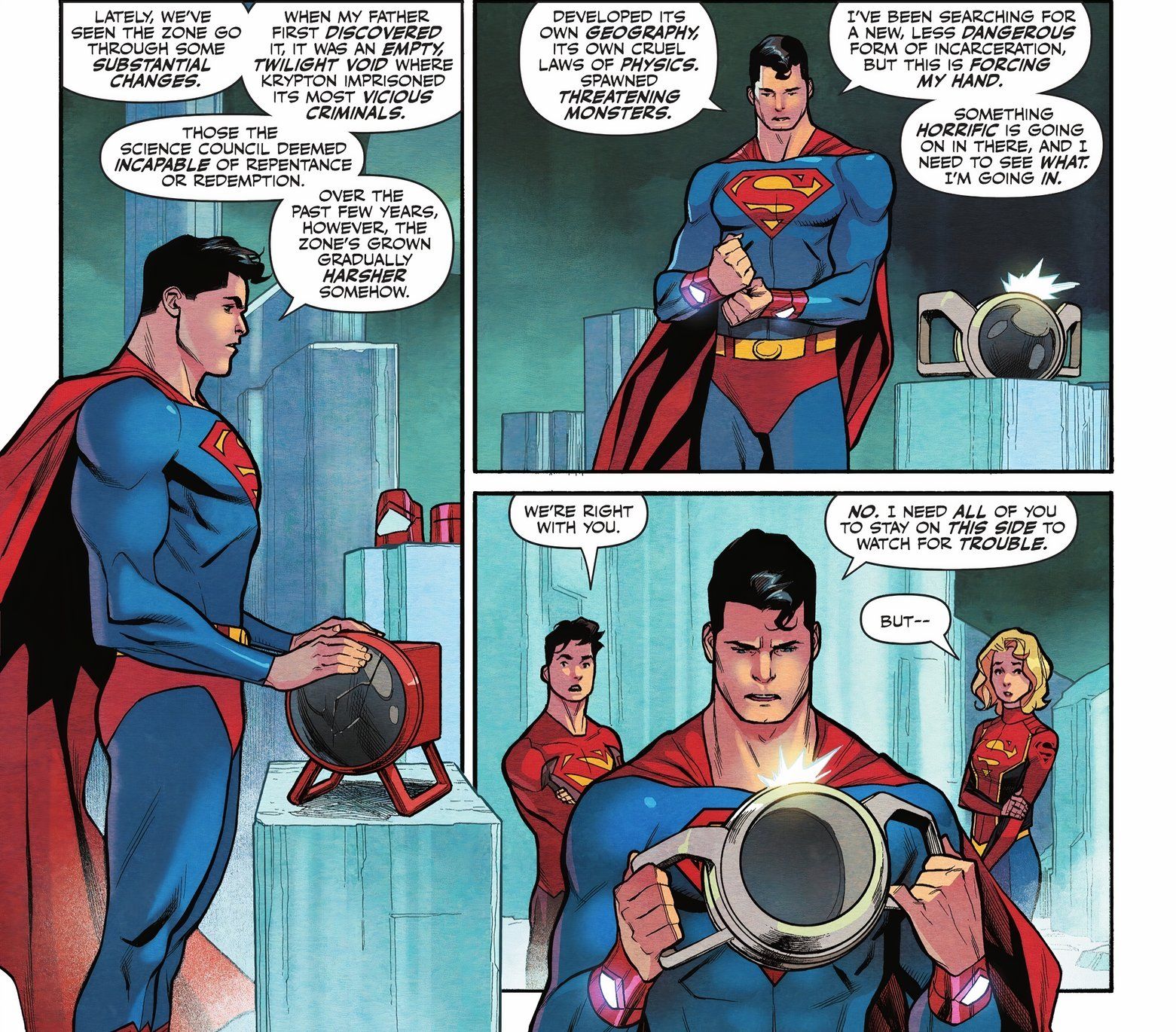 Comic book panels: Superman informs Supergirl and others that he will go into the Phantom Zone.