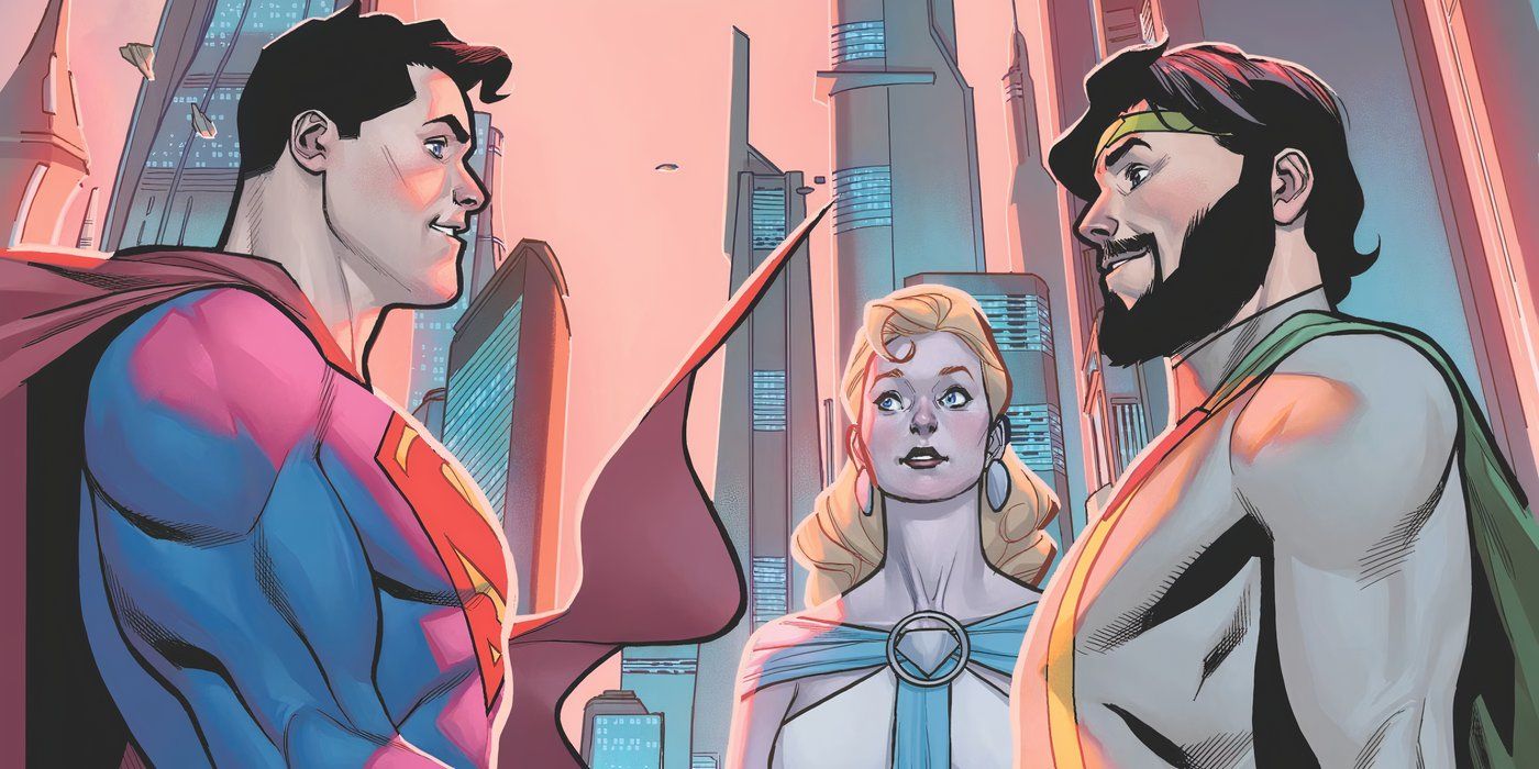  Superman standing in front of Jor-El and Lara Lor-Van on Krypton.