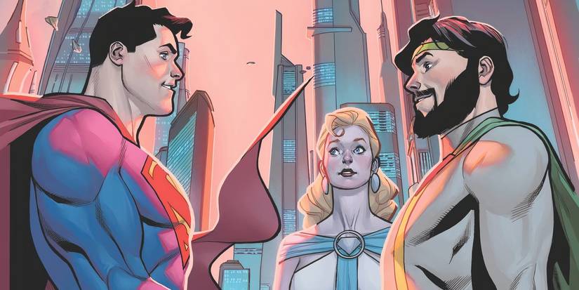 Comic book art: Superman standing in front of Jor-El and Lara Lor-Van on Krypton.