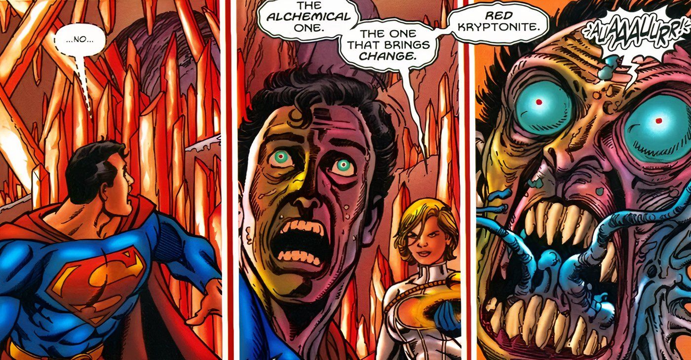 Power Girl, possessed by Dr. Alchemy, exposes Superman to Red Kryptonite as it makes him undergo a horrific transformation