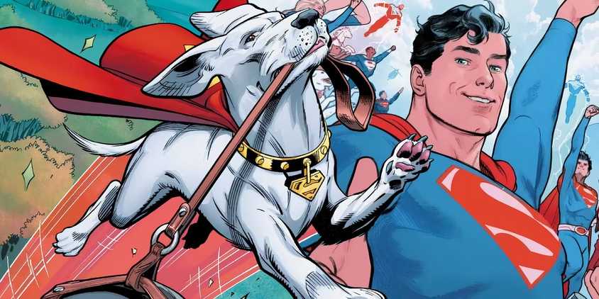 Comic book art: Superman smiling at Krypto the Superdog in the DC comics