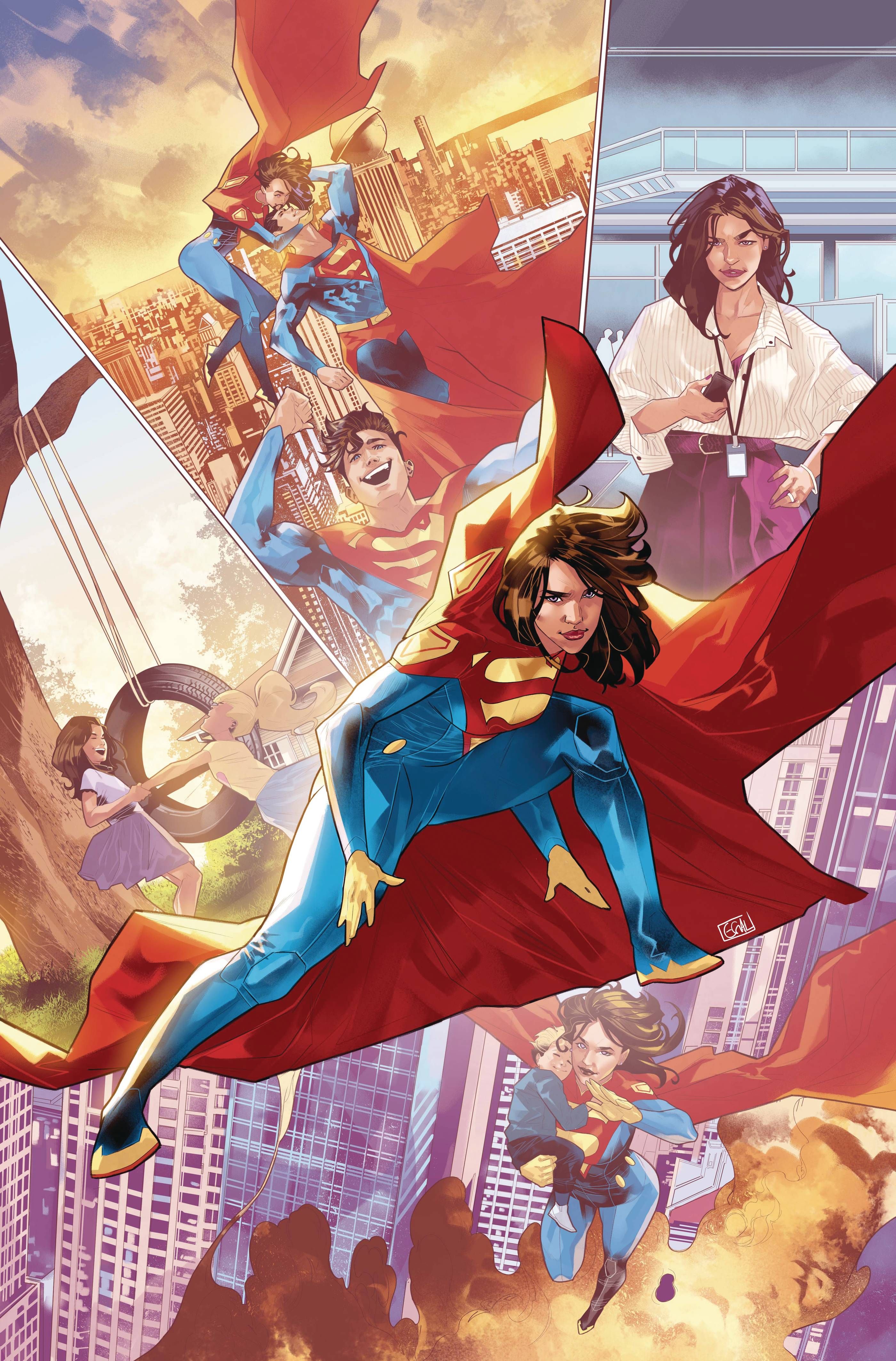 Capa de quadrinhos: Supermulher agachada em frente a uma colagem da vida de Lois Lane.