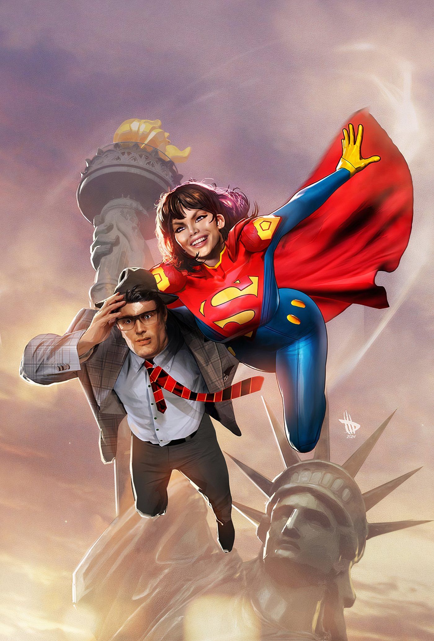 Portada del cómic: Lois Lane vuela por el cielo mientras recoge a Clark Kent como Supermujer.