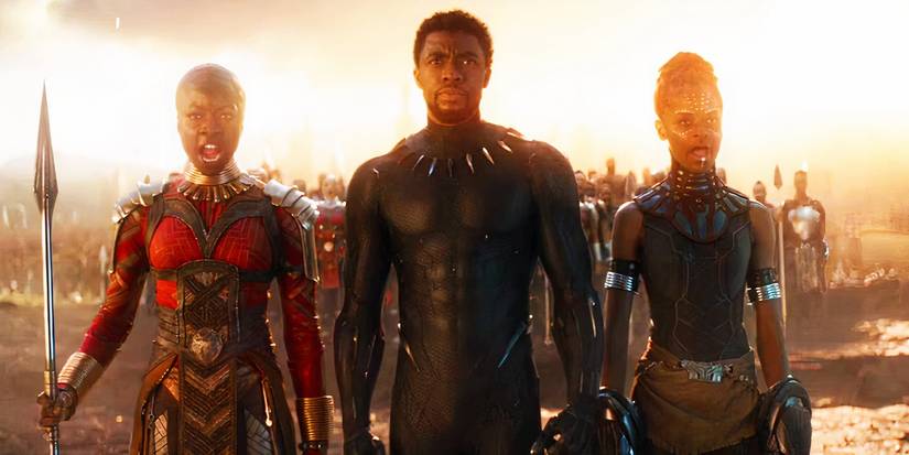T'Challa, Okoye and Shuri coming through a portal in Avengers Endgame