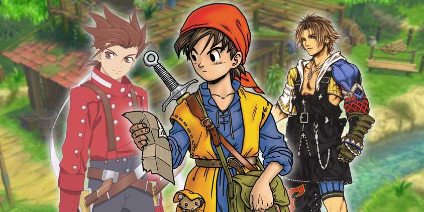 Lloyd Irving, Dragon Quest 8's Hero, and FF10's Tidus in front of Dirk's house from Tales of Symphonia.