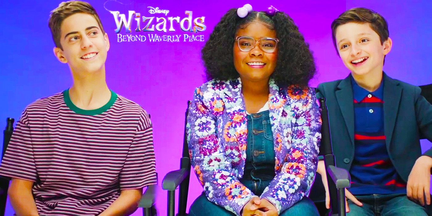 Taylor Cora, Alkaio Thiele & Max Matenko smiling during Wizards Beyond Waverly Place interview