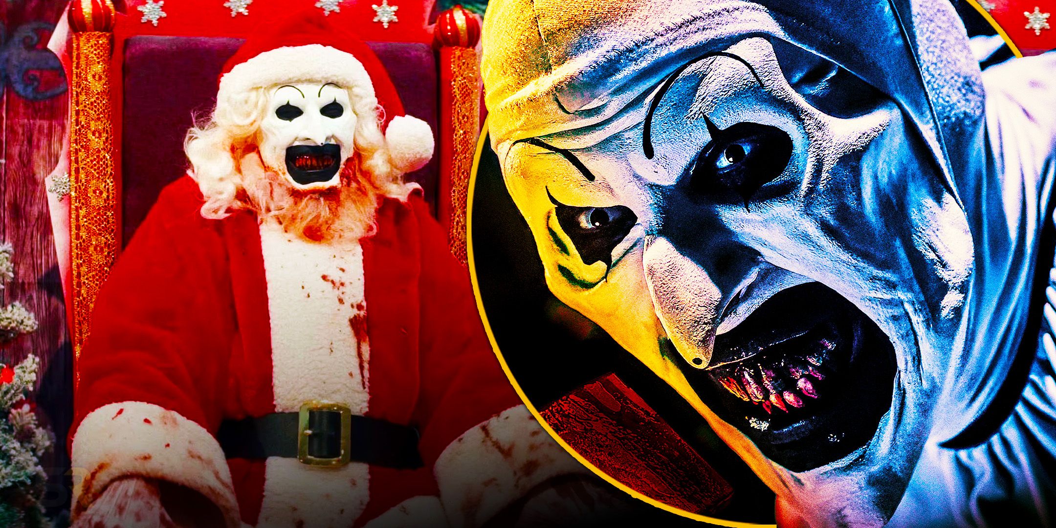 Terrifier 3 image of Art the Clown as Santa paired with an even more menacing image of Art the Clown