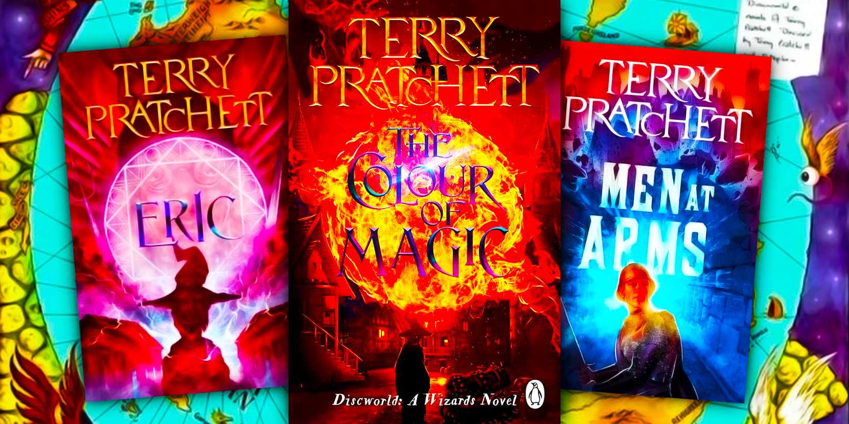 A custom image of three Discworld books (The Color of Magic, Eric, and Men at Arms) with a blue and gold background.