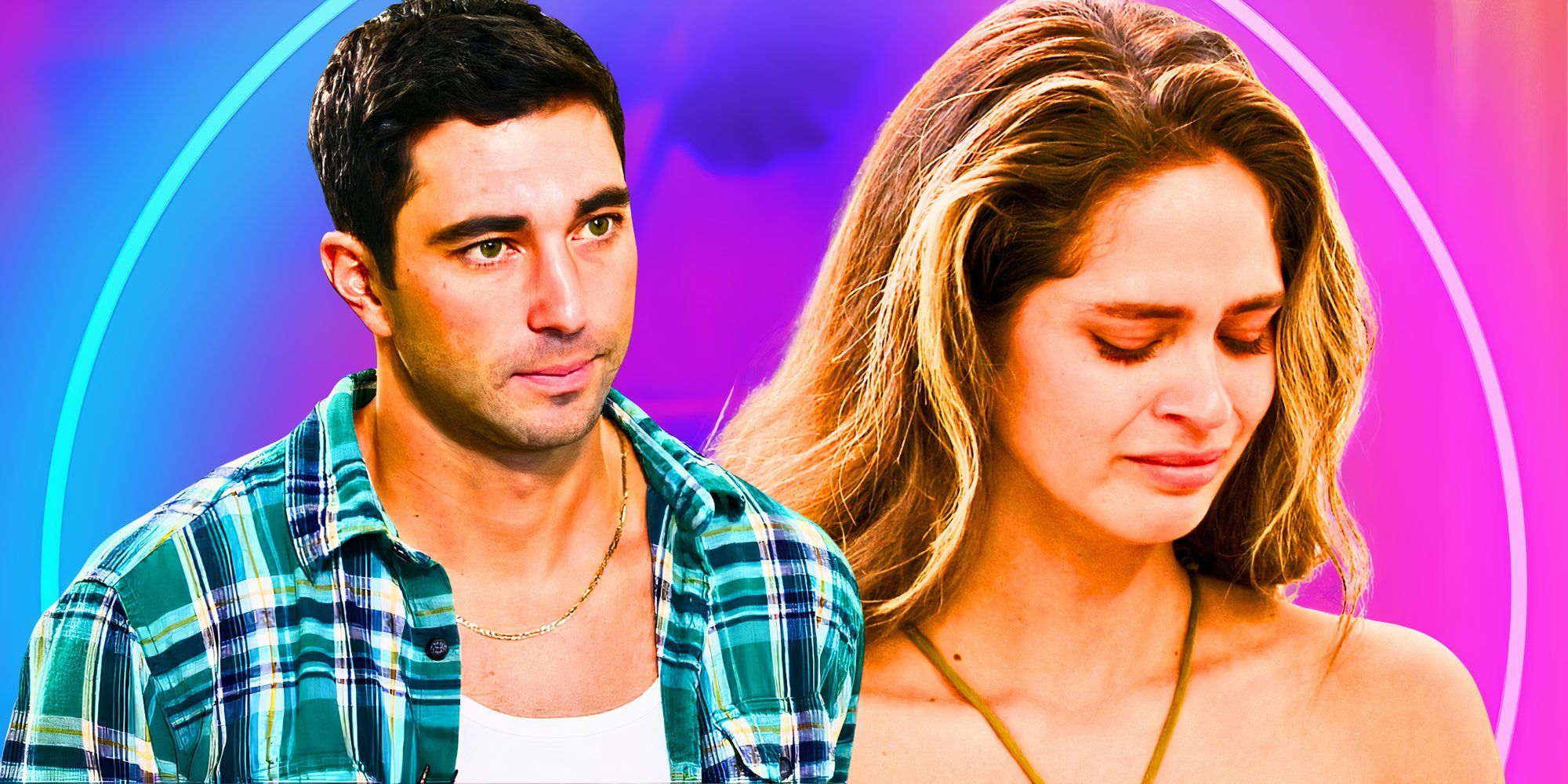 The Bachelor stars Joey Graziadei and Kelsey Anderson looking sad with pink and blue background