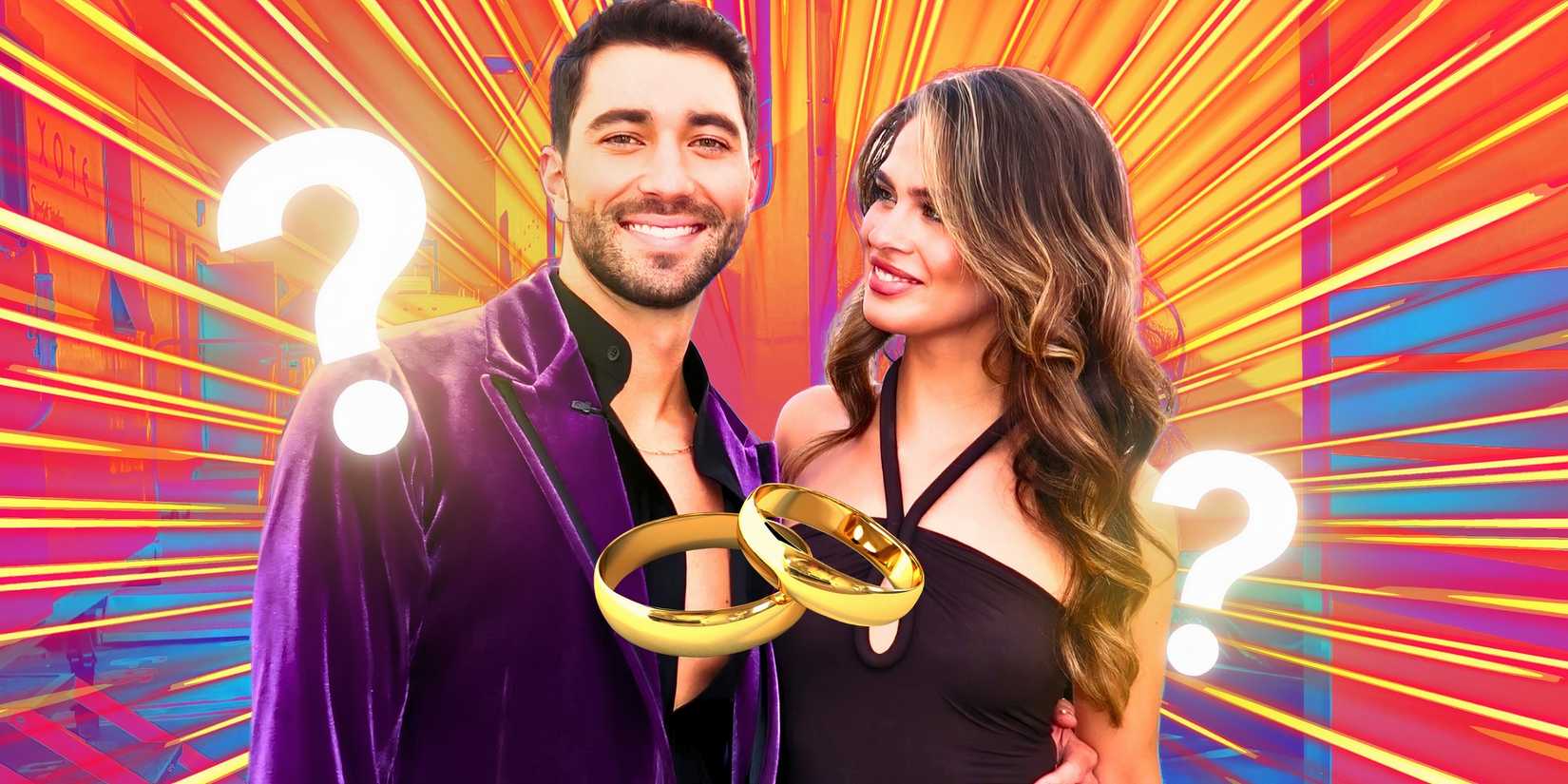The Bachelor's Joey Graziadei and Kelsey Anderson with rings and questions marks