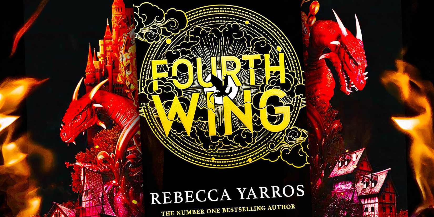 The paperback cover of Fourth Wing surrounded by two red dragons with a fiery background.