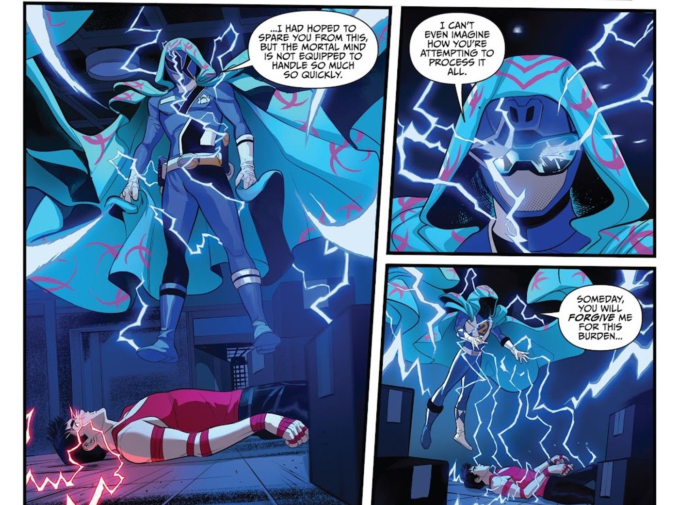 The Blue Emissary makes Jason Lee Scott the Red Ranger remember the Mighty Morphin battle against Lord Drakkon from Shattered Grid in Go Go Power Rangers #23