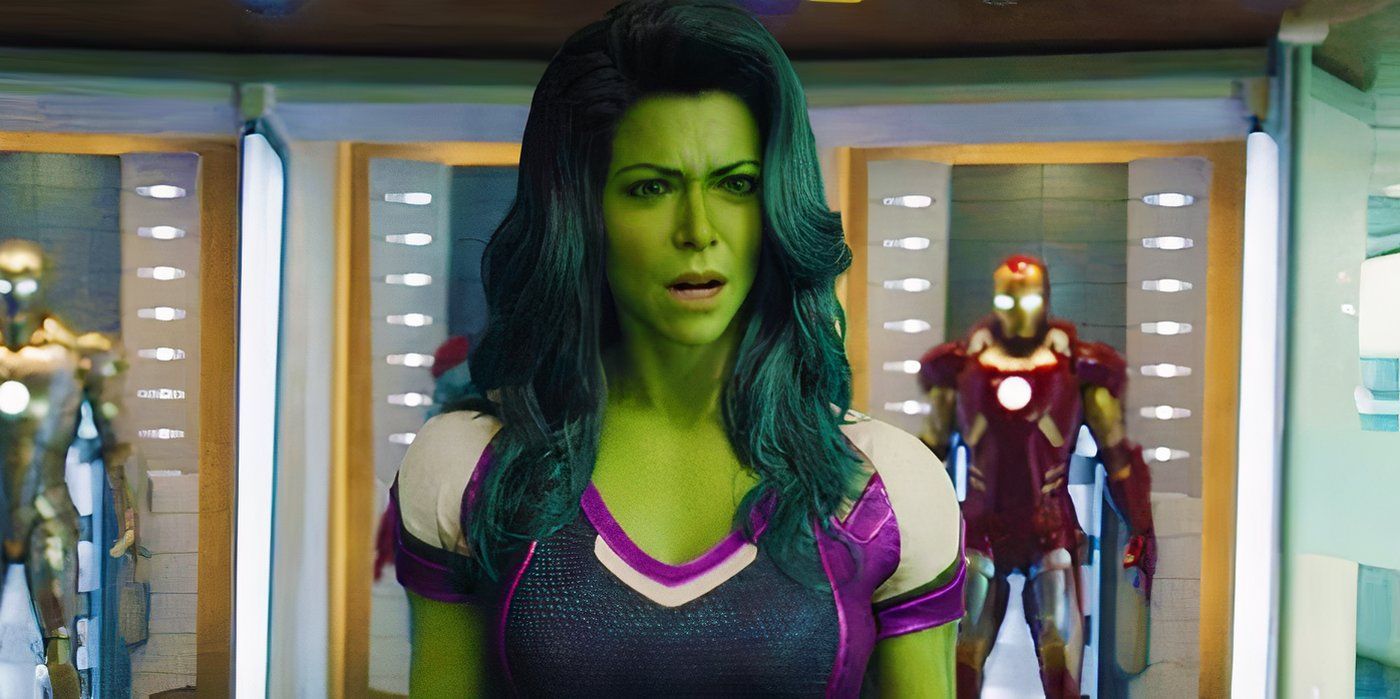 MCU's She-Hulk standing in front of Iron Man suits.