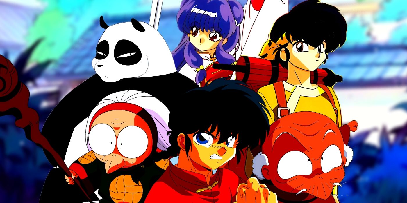 Ranma, Cologne, Happosai, Genma, Ryoga, and Shampoo all prepared for a fight. They are standing outside the Tendo Dojo. 