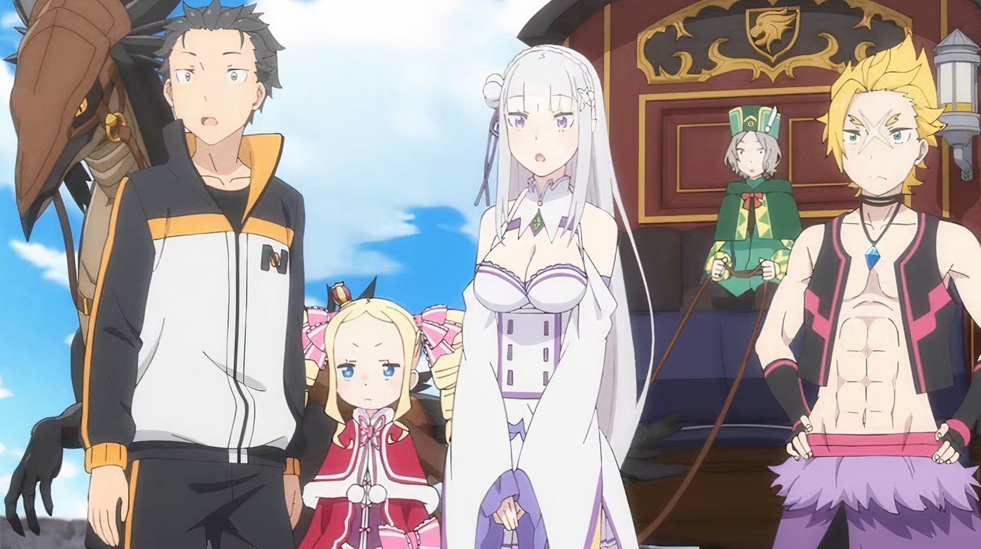 the cast of Re Zero season 2 with Subaru, Emilia, Otto, Garf, and Betty