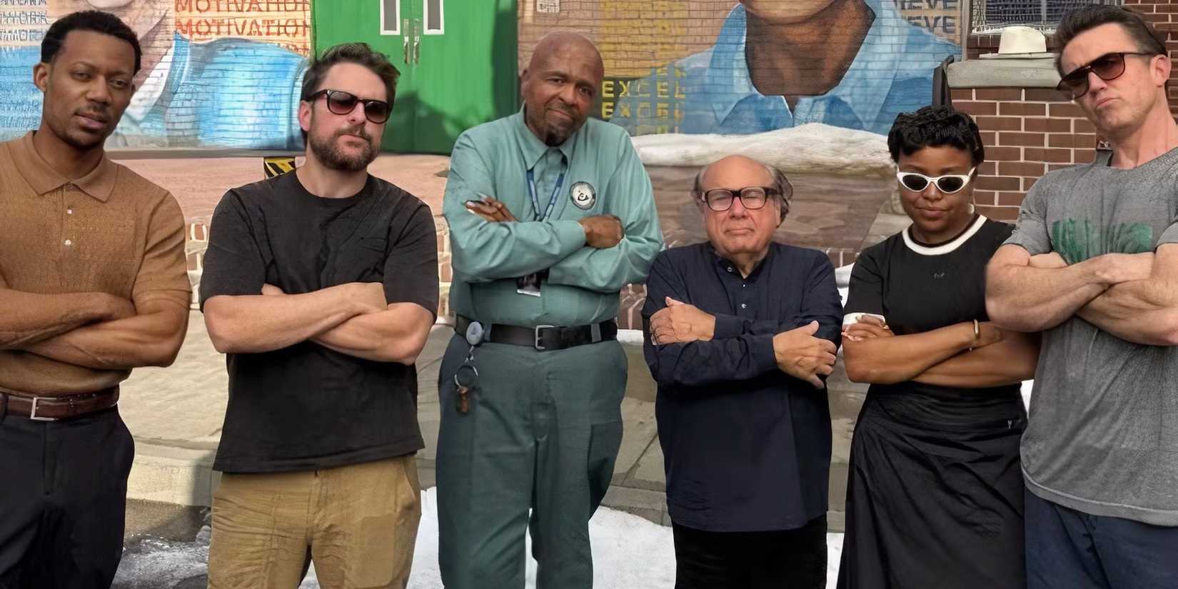 The casts of It's Always Sunny in Philadelphia and Abbott Elementary posing together in Rob McElhenney instagram post confirming a crossover episode cropped