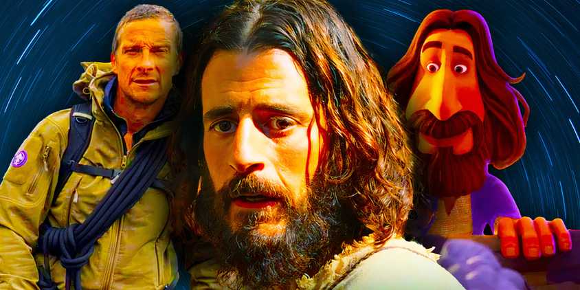 Bear Grylls, Jonathan Roumie as Jesus in The Chosen, and an animated Jesus.