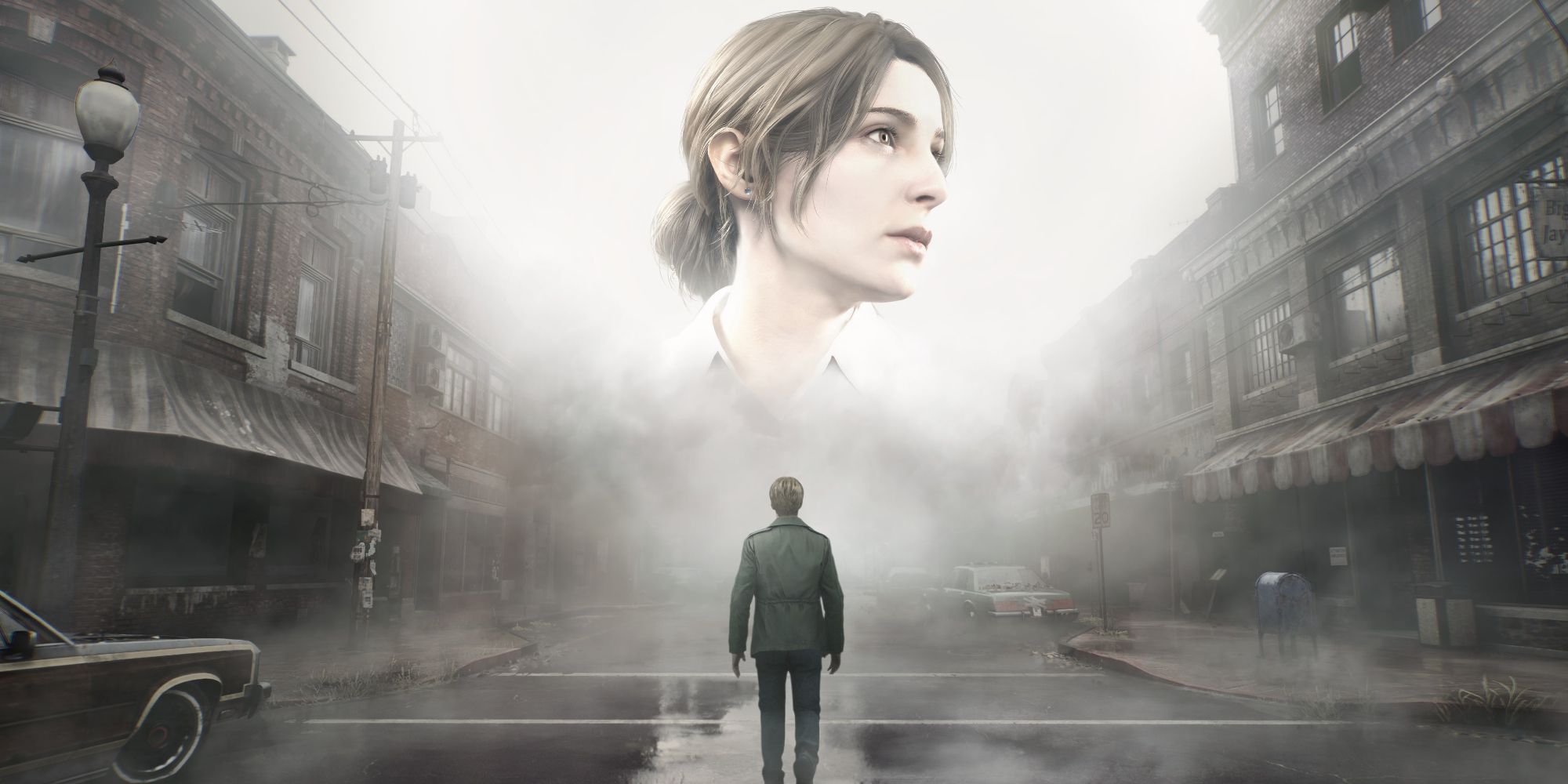 Portada del remake de Silent Hill 2 con James Sunderland caminando por una calle con niebla. Una fotografía de su esposa Maryam cuelga en el aire sobre él.