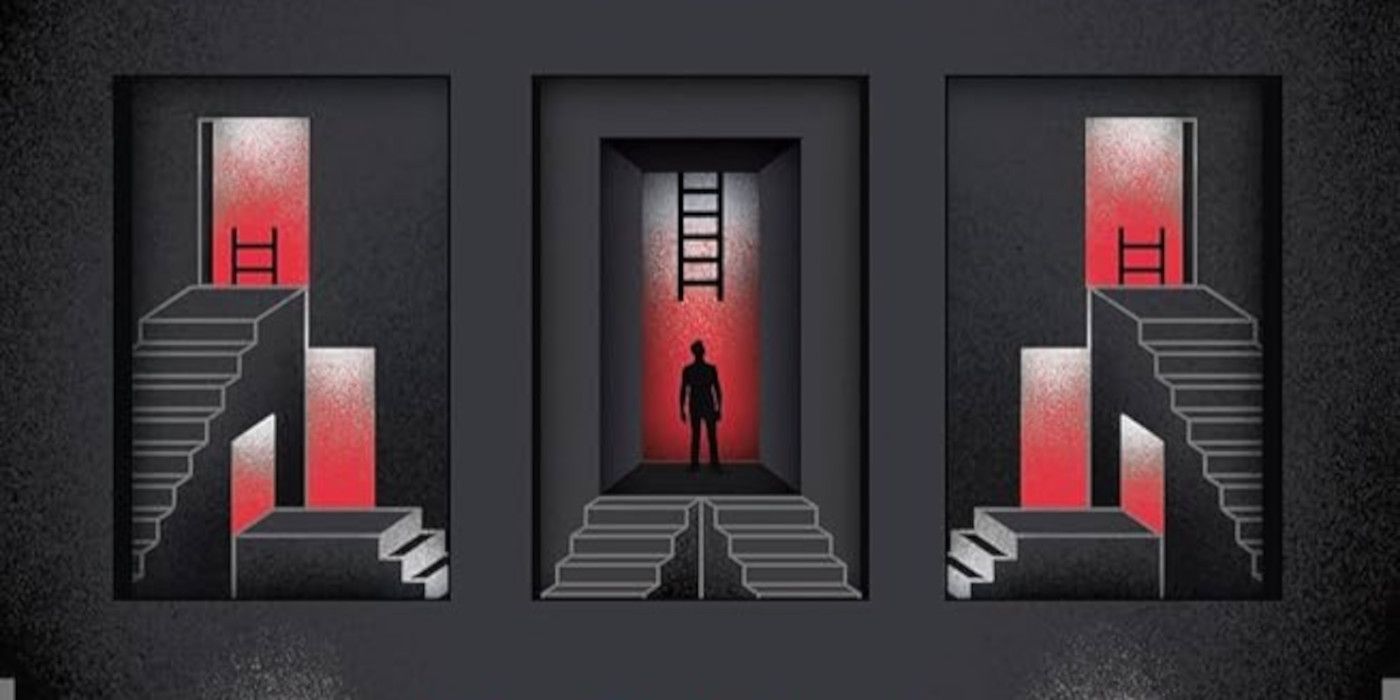 Cover of Coup de Grâce with 3 doorways with stairs and red light coming out of them and a man's silhouette in the middle